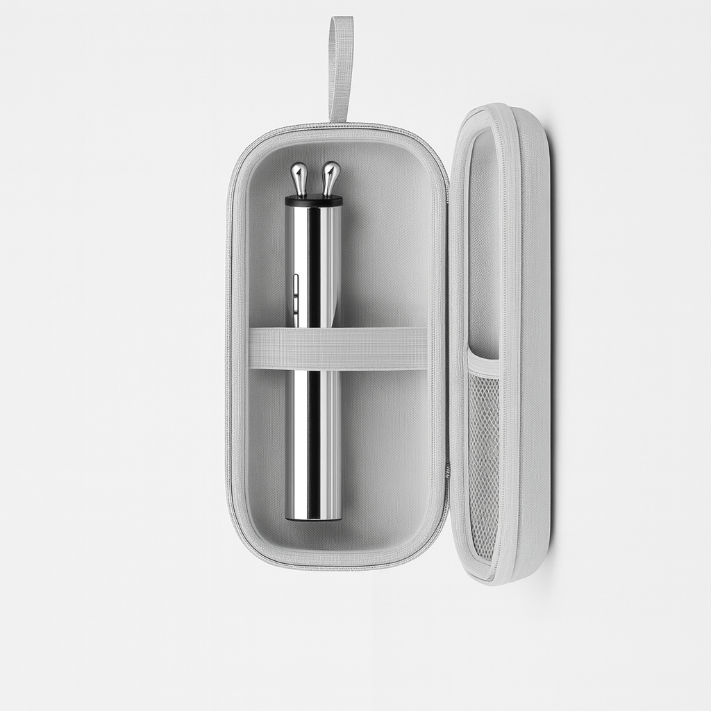 Silver pen in a gray carrying case on a white background