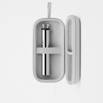 Silver pen in a gray carrying case on a white background